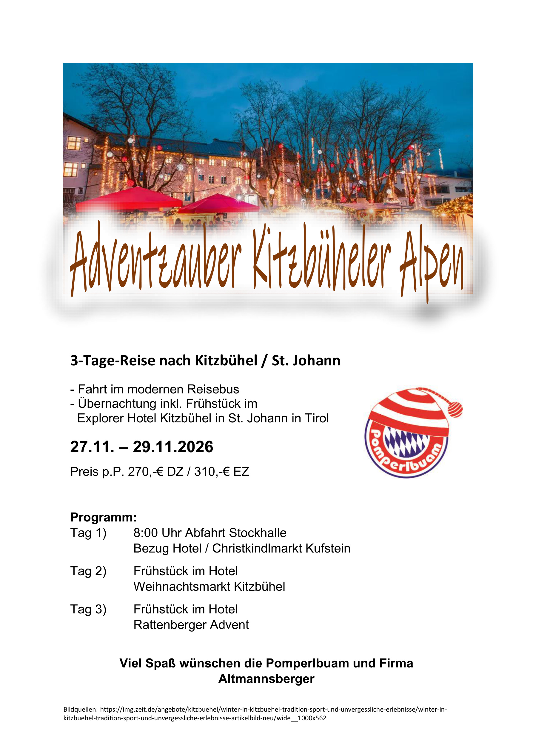Adventzauber Kitzbüheler Alpen – Weihnachtsmarkt-Fahrt, 27.–29.11.2026 (Doppelzimmer)